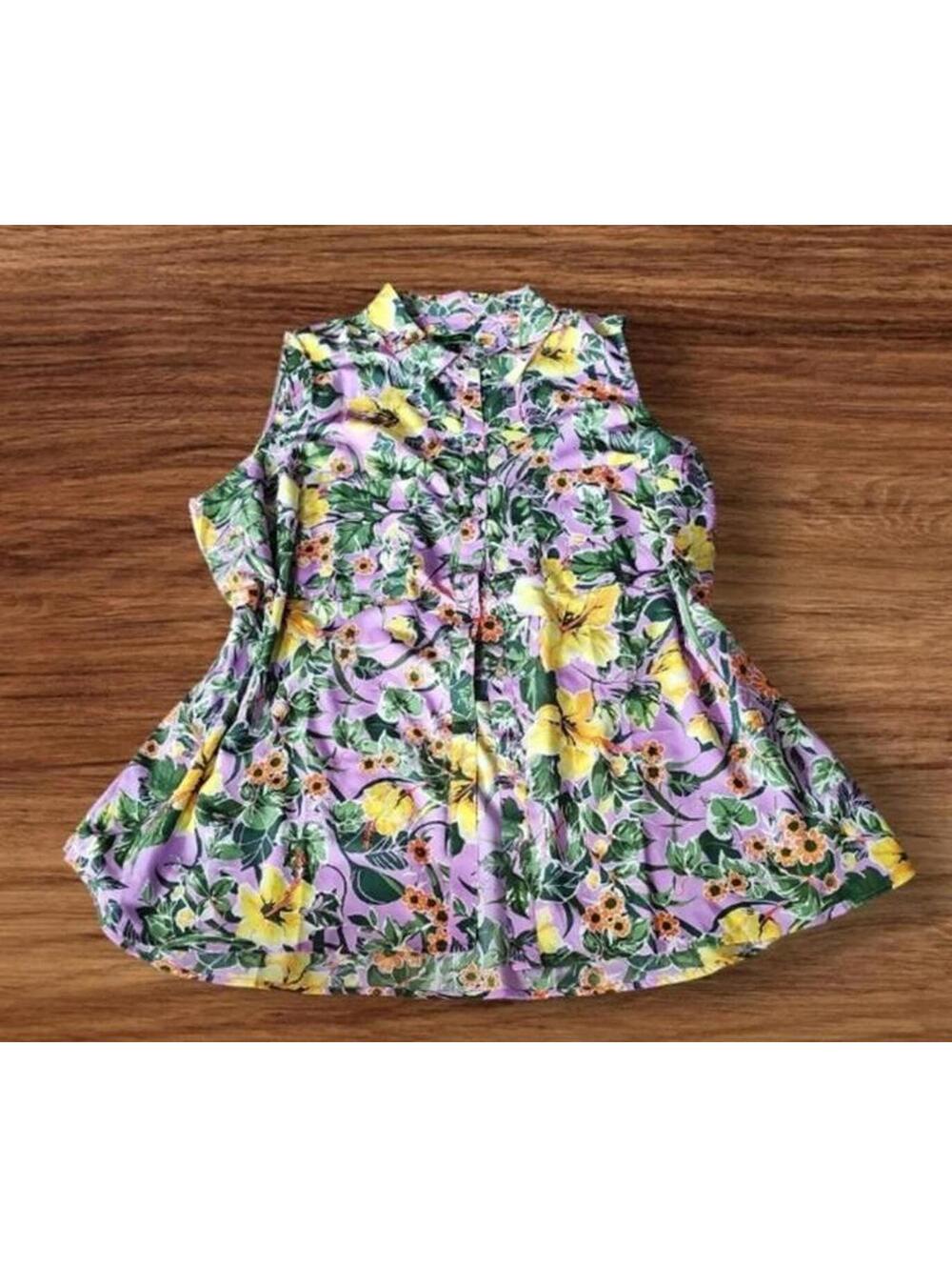 Designer women size 24W clothes floral flower tank top button shirt